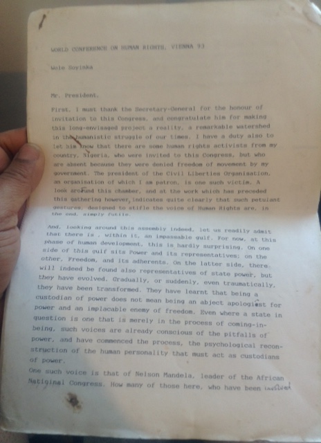 Photo of Page 1 of speech by Nobel Laureate , Wole Soyinka - 1993